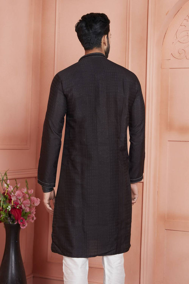 Black Embroidered Jacquard Kurta Pyjama Set