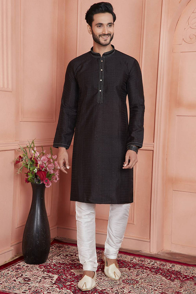 Black Embroidered Jacquard Kurta Pyjama Set
