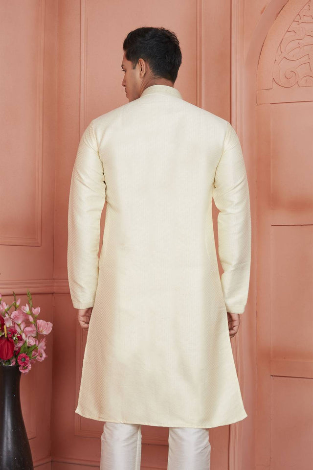 Cream Embroidered Jacquard Kurta Pyjama Set