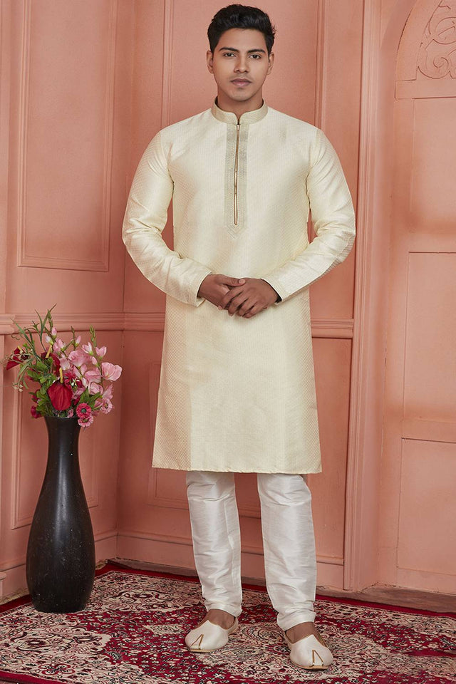 Cream Embroidered Jacquard Kurta Pyjama Set