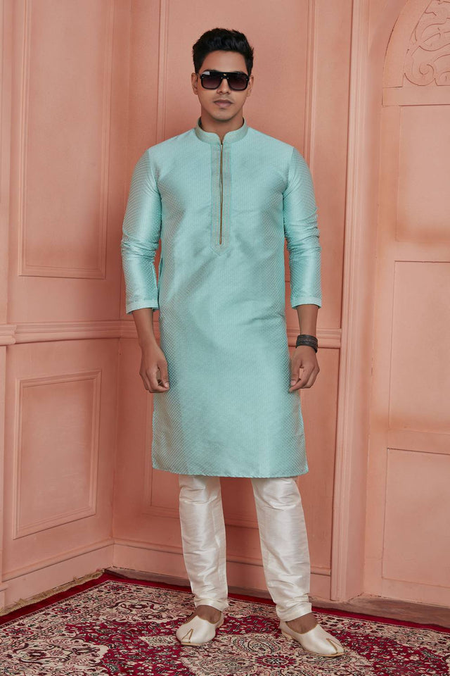 Sky Blue Embroidered Jacquard Kurta Pyjama Set