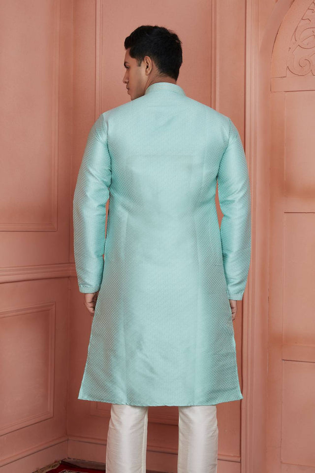 Sky Blue Embroidered Jacquard Kurta Pyjama Set
