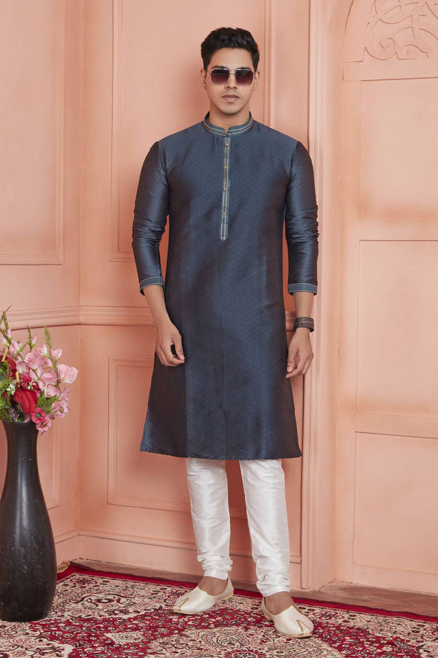 Grey Embroidered Jacquard Kurta Pyjama Set