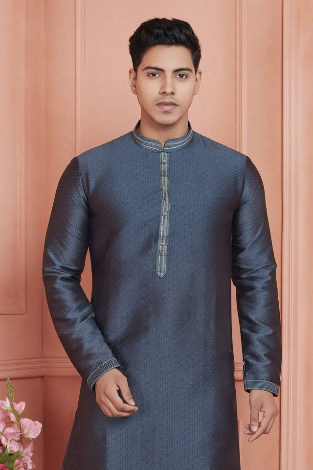 Grey Embroidered Jacquard Kurta Pyjama Set