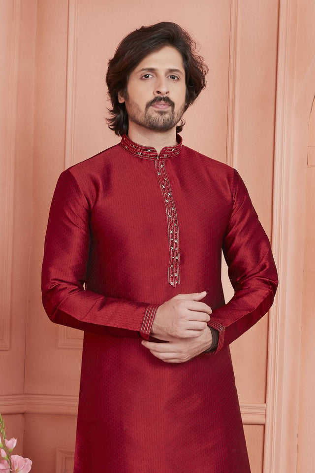 Maroon Embroidered Jacquard Kurta Pyjama Set