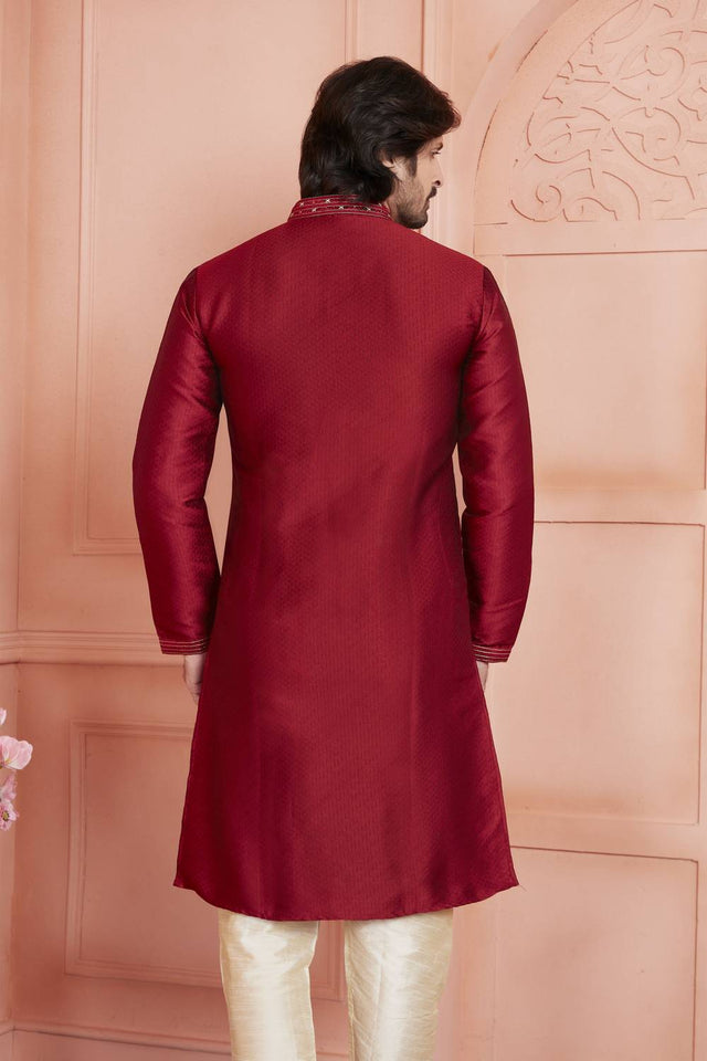 Maroon Embroidered Jacquard Kurta Pyjama Set
