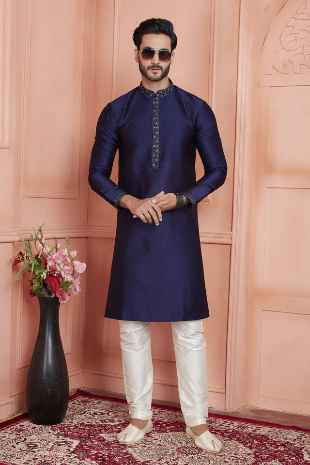 Blue Embroidered Jacquard Kurta Pyjama Set
