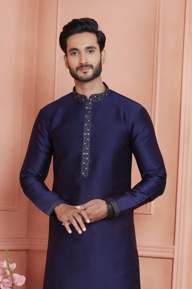 Blue Embroidered Jacquard Kurta Pyjama Set