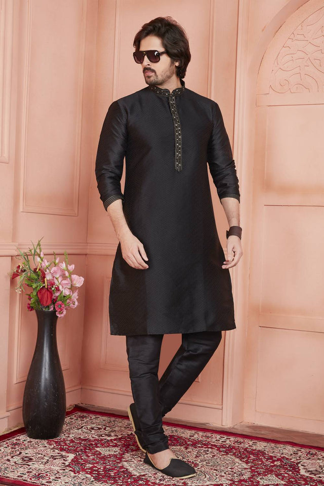 Black Embroidered Jacquard Kurta Pyjama Set