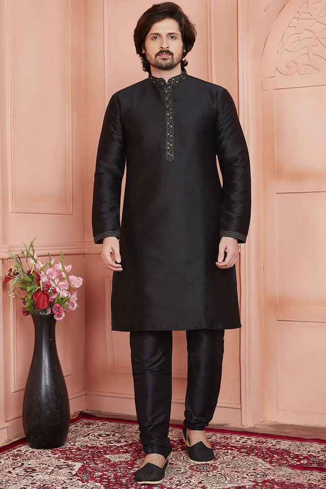 Black Embroidered Jacquard Kurta Pyjama Set