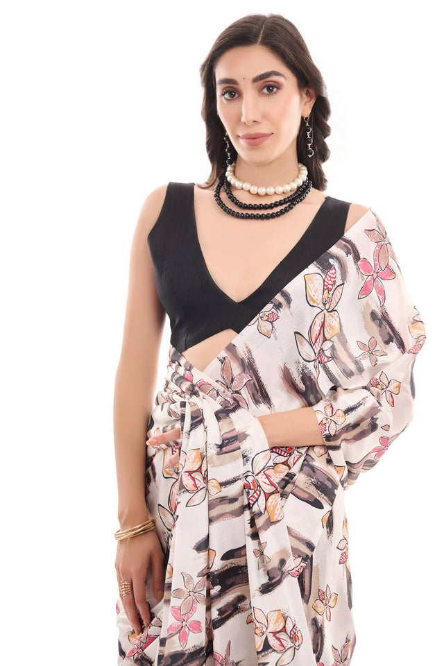 White Floral Printed Chinon Ready to Wear Saree