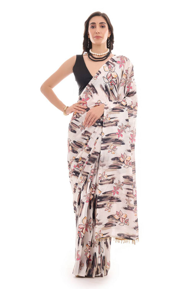 White Floral Printed Chinon Ready to Wear Saree