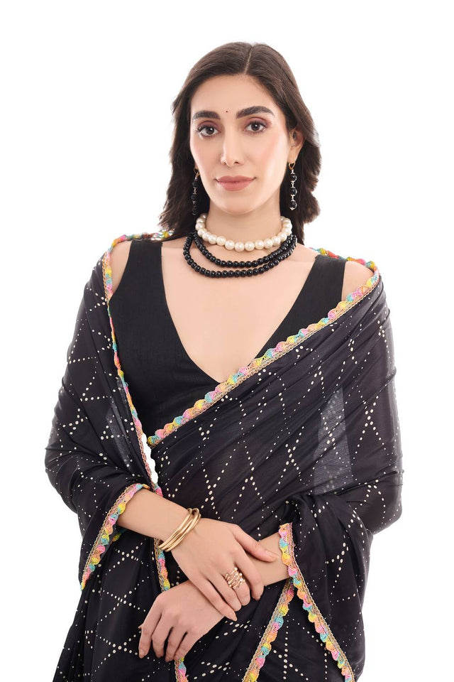 Black Printed Chinon Ready to Wear Saree