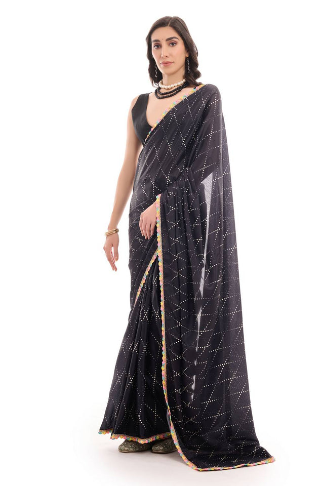 Black Printed Chinon Ready to Wear Saree