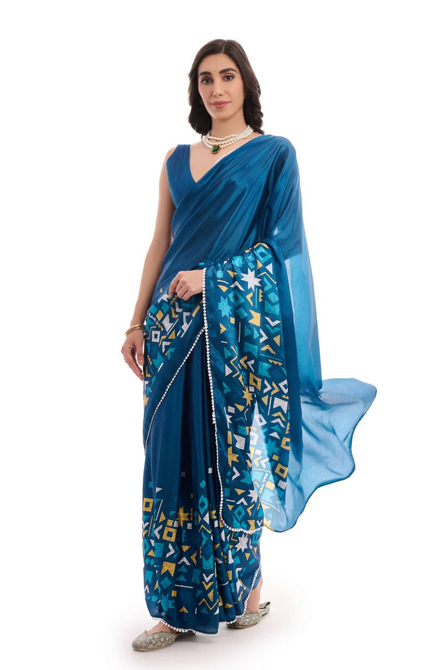 Turquoise Printed Chinon Ready to Wear Saree