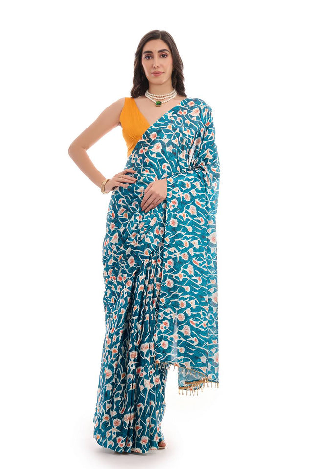 Turquoise Printed Chinon Ready to Wear Saree