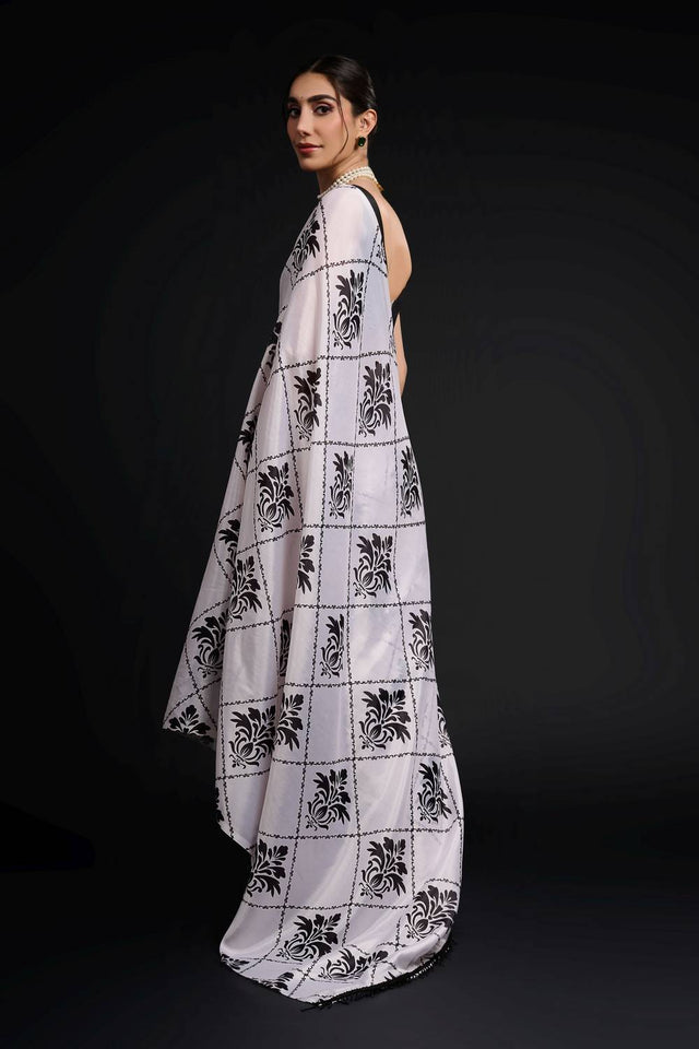 White Printed Chinon Ready to Wear Saree