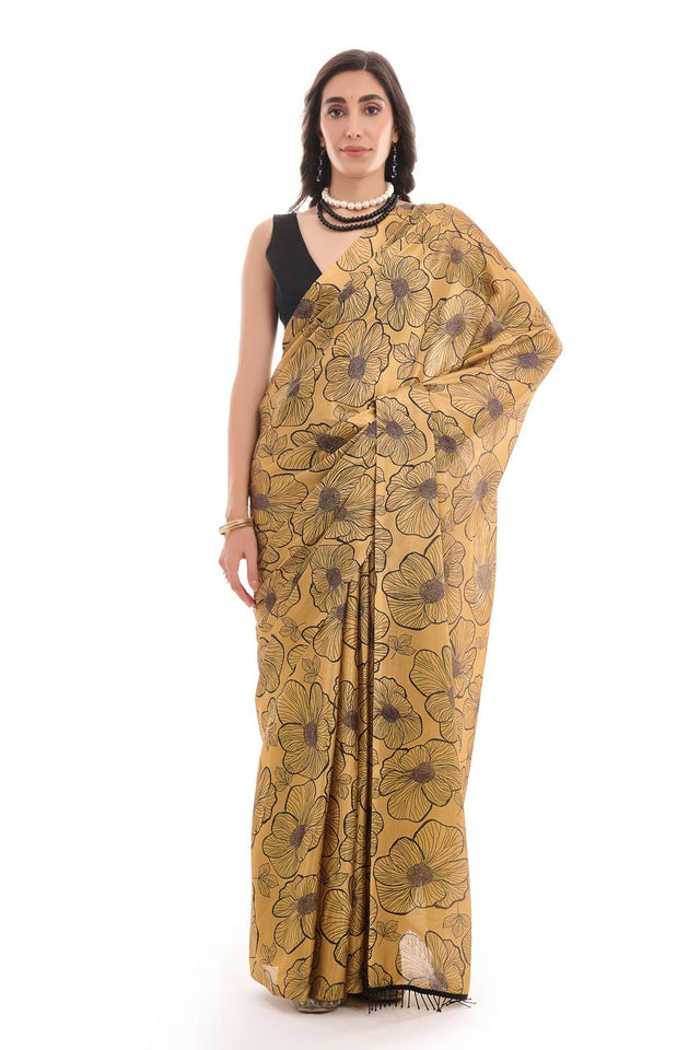 Mustard Printed Chinon Ready to Wear Saree