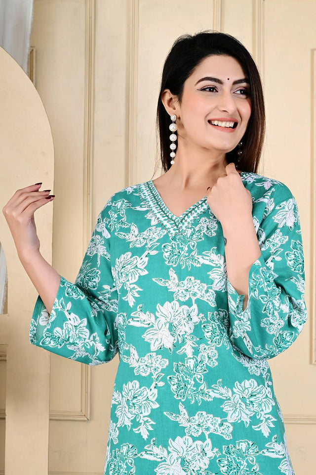 Sea Green Floral Printed Kurti Pant Set