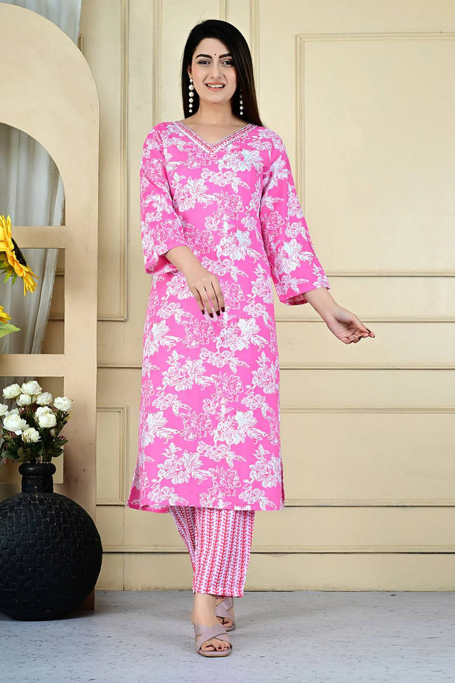 Pink Floral Printed Kurti Pant Set