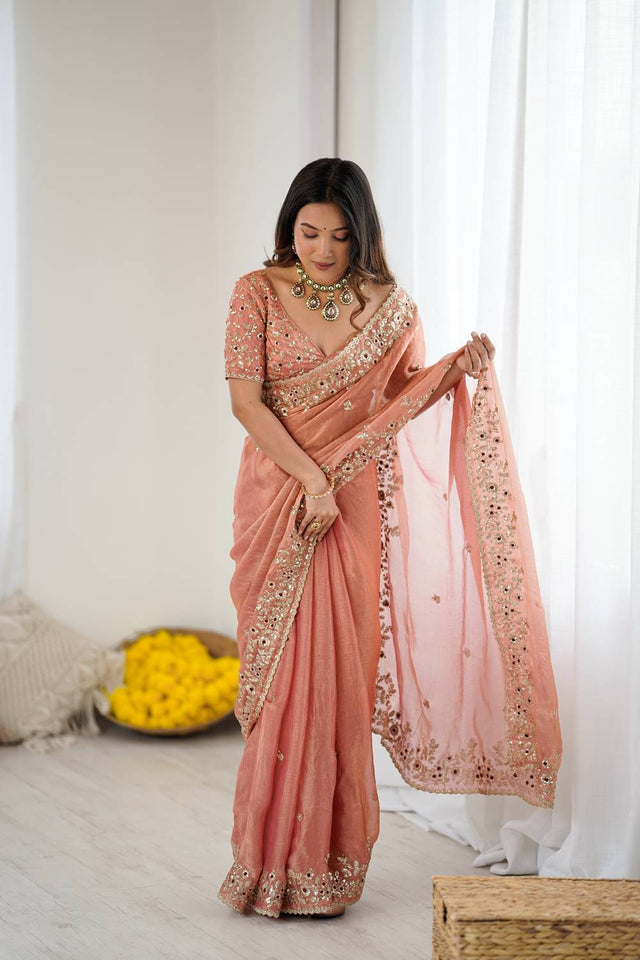 Peach Sequin with Embroidered Saree