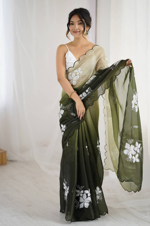 Mehendi Sequin with Embroidered Saree