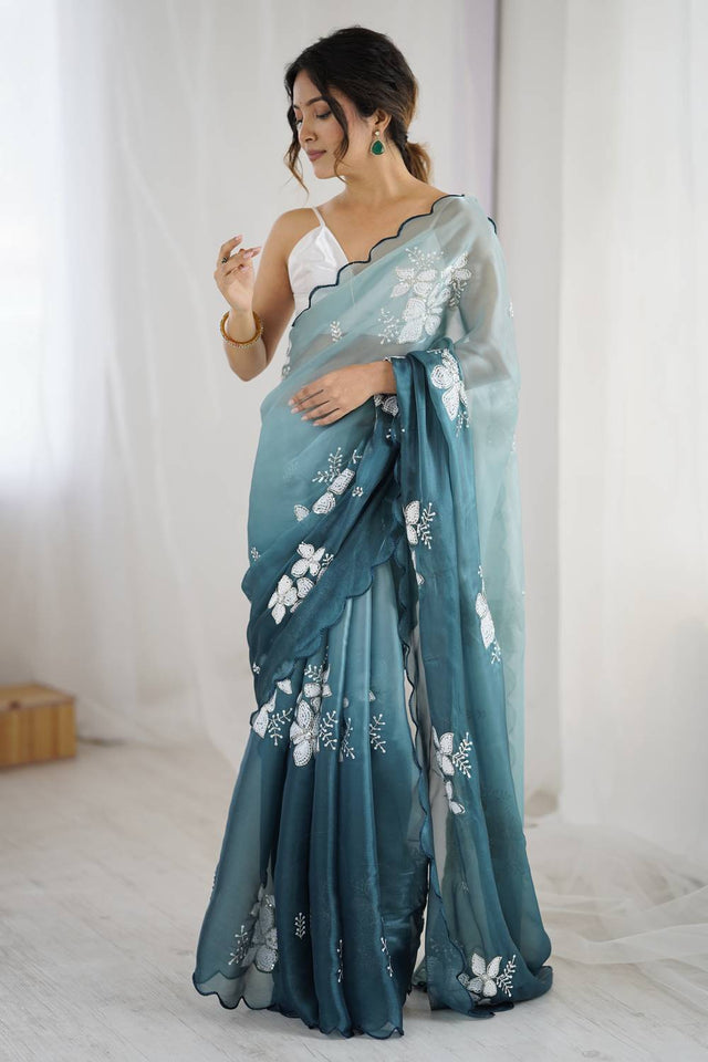 Turquoise Sequin with Embroidered Saree
