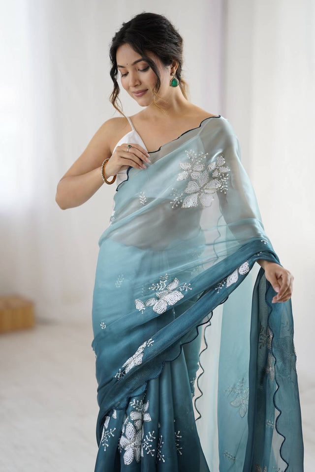 Turquoise Sequin with Embroidered Saree
