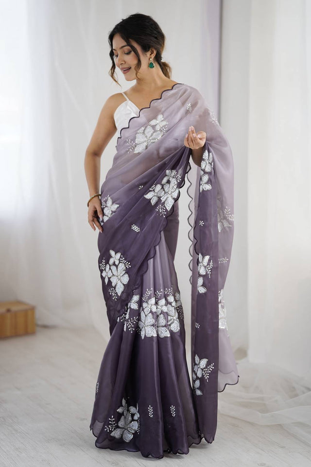 Grey Sequin with Embroidered Saree