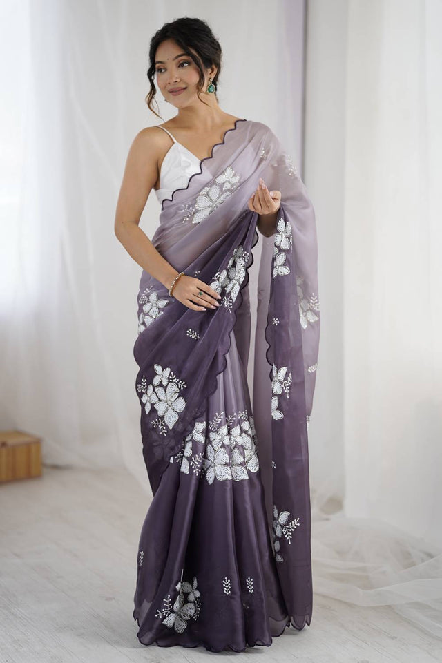 Grey Sequin with Embroidered Saree