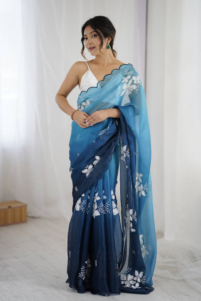 Blue Sequin with Embroidered Saree