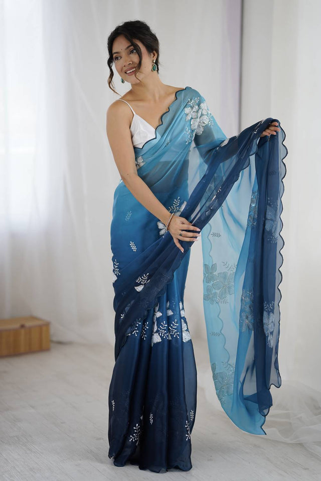 Blue Sequin with Embroidered Saree
