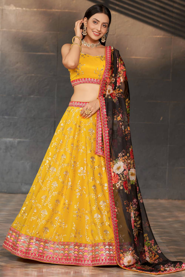 Yellow Sequin Georgette Lehenga