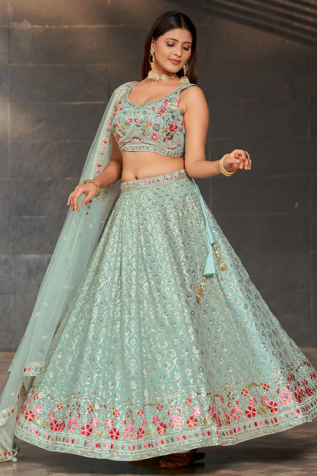 Sky Blue Sequin with Embroidered Georgette Lehenga