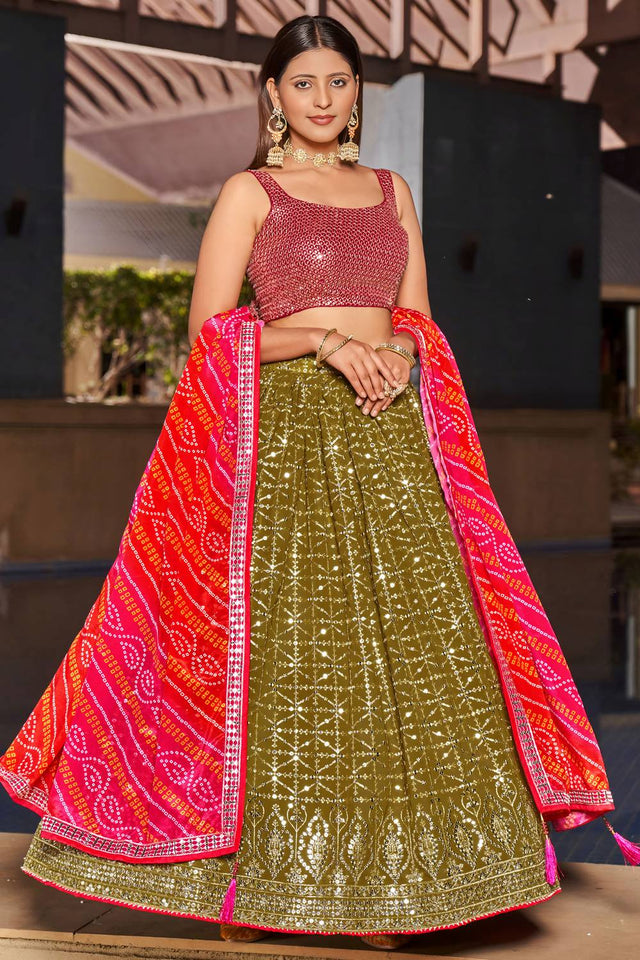Olive Sequin with Embroidered Georgette Lehenga