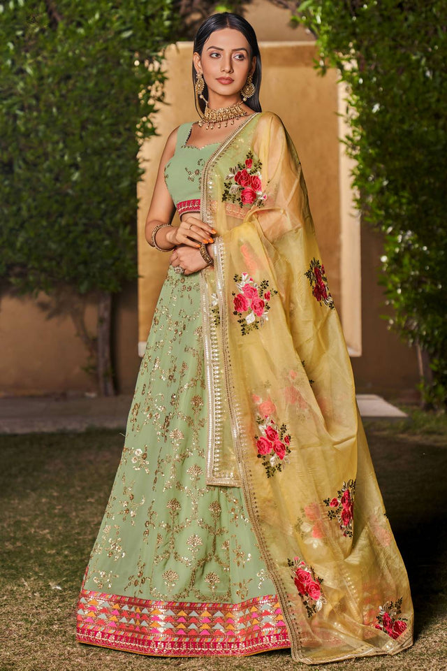 Green Sequin with Embroidered Georgette Lehenga