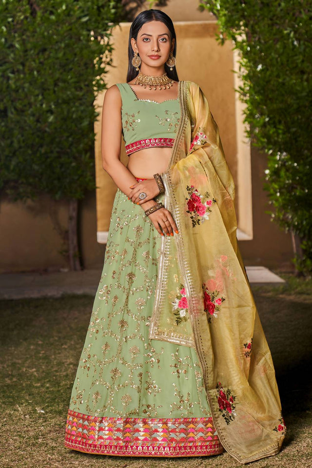 Green Sequin with Embroidered Georgette Lehenga