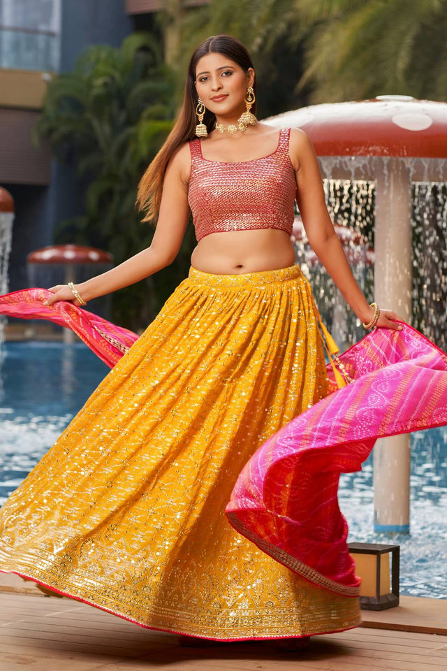 Yellow Sequin with Embroidered Georgette Lehenga
