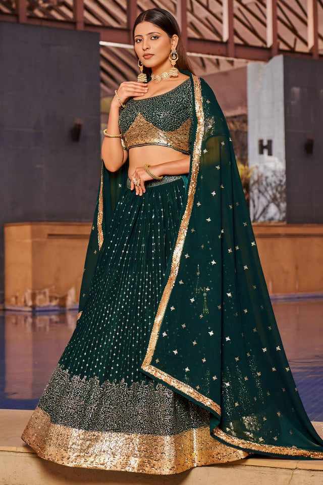 Green Sequin with Embroidered Georgette Lehenga