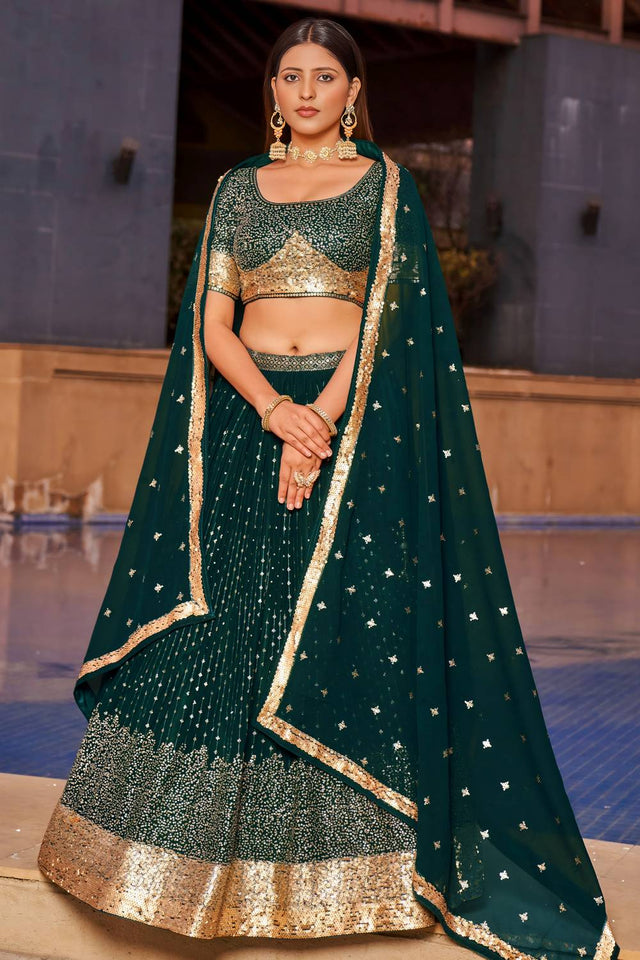 Green Sequin with Embroidered Georgette Lehenga