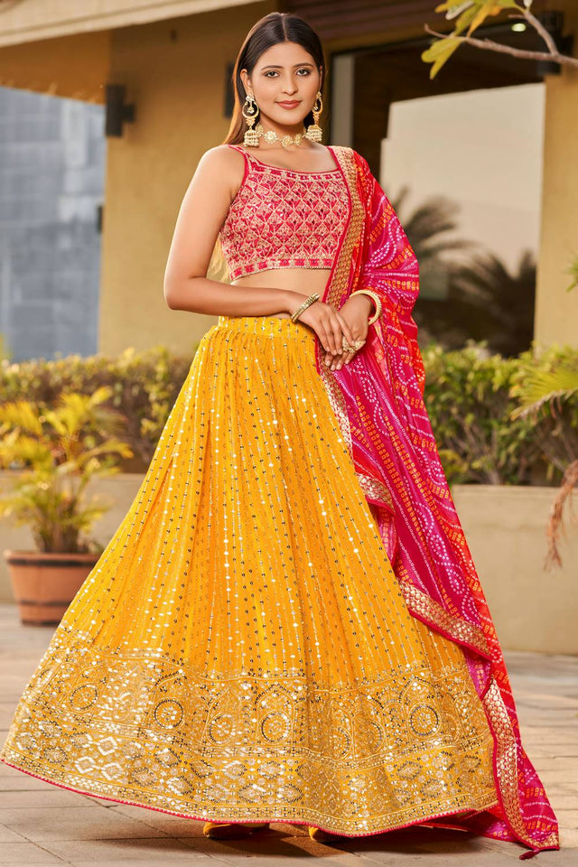 Yellow Sequin with Embroidered Georgette Lehenga