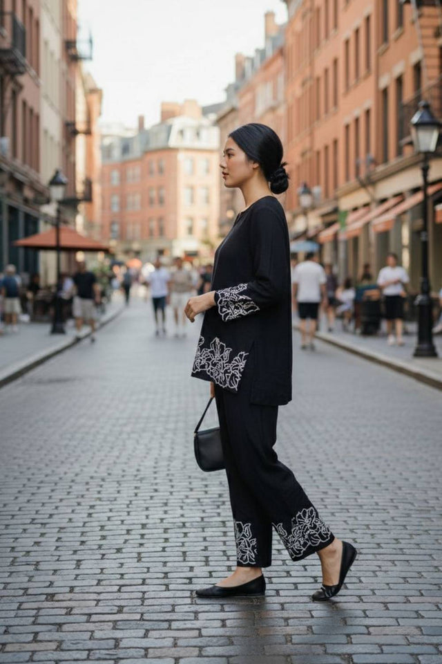 Black Floral Embroidered Cotton Co-Ord Set