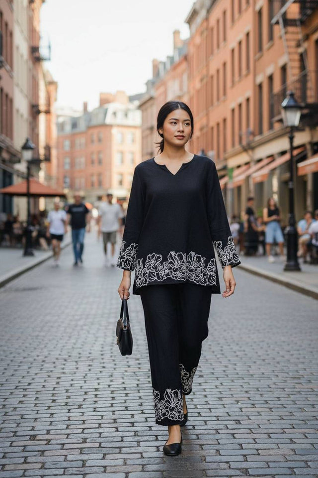 Black Floral Embroidered Cotton Co-Ord Set