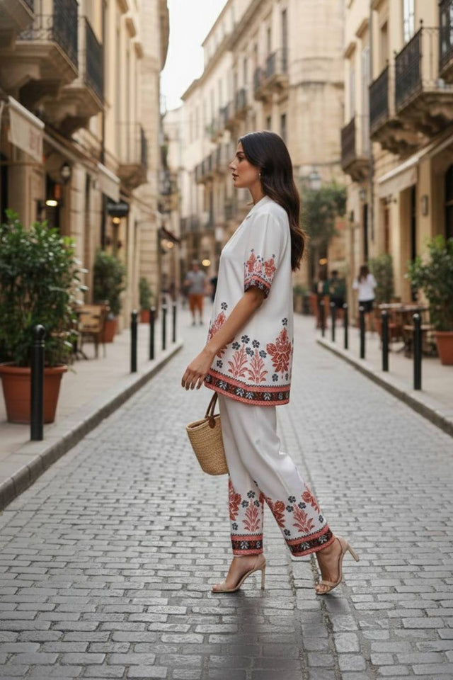 White Floral Printed Cotton Co-Ord Set