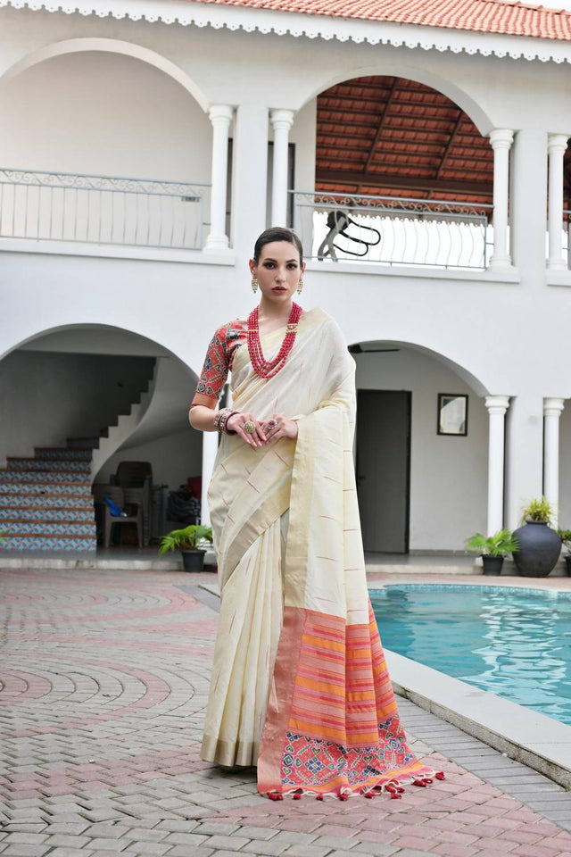 Off White Woven Silk Saree