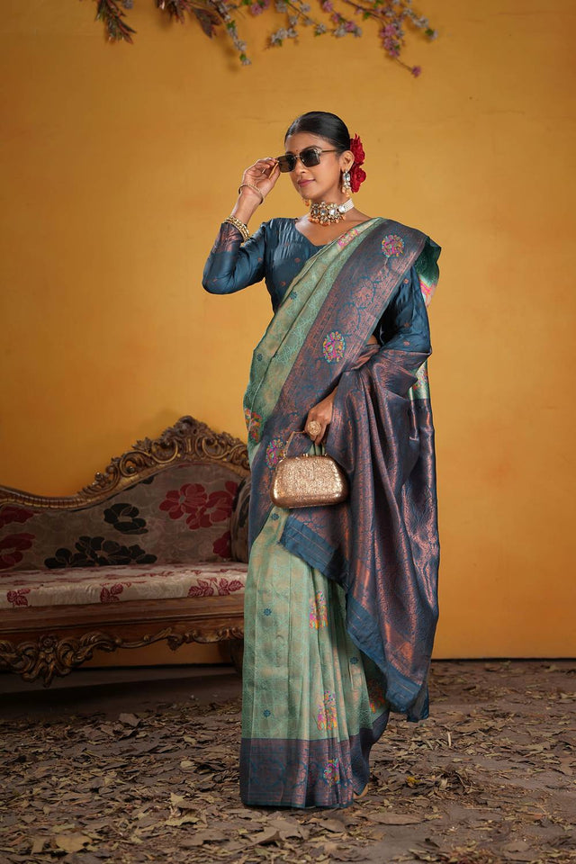 Turquoise Woven Art Silk Saree