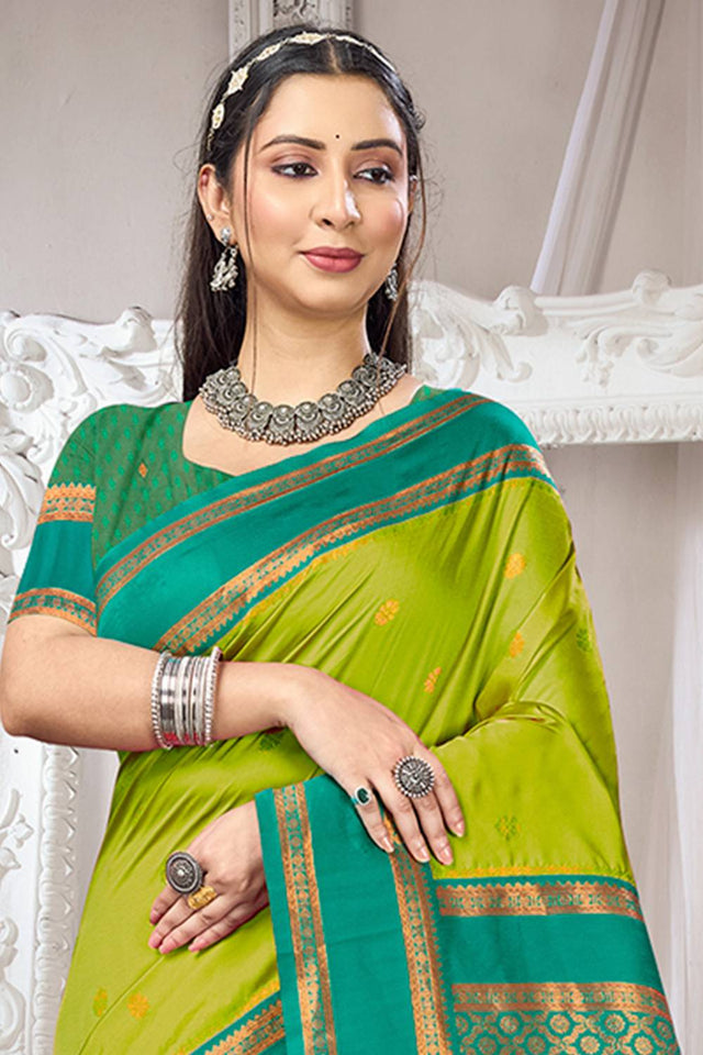 Olive Green Woven Silk Saree