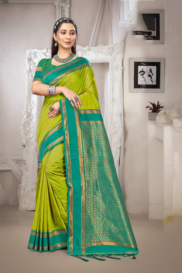 Olive Green Woven Silk Saree