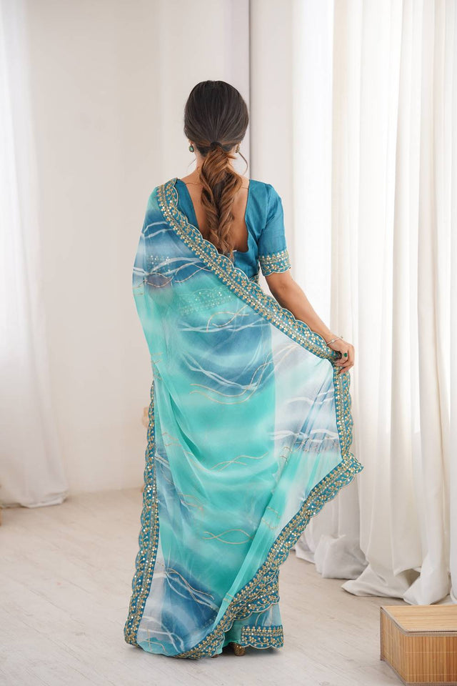 Blue Sequin with Embroidered Chiffon Saree