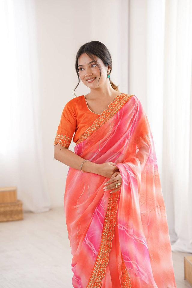Orange Sequin with Embroidered Chiffon Saree